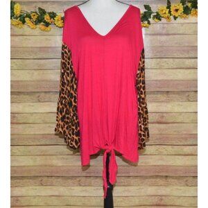 Lucky & Blessed Women's Plus 3X Hot Pink Cheetah Bell Sleeve Blouse Top V-Neck
